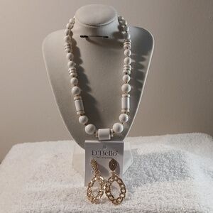 White and Gold Statement Beaded Necklace With Gold-tone Earrings With Rhinestone